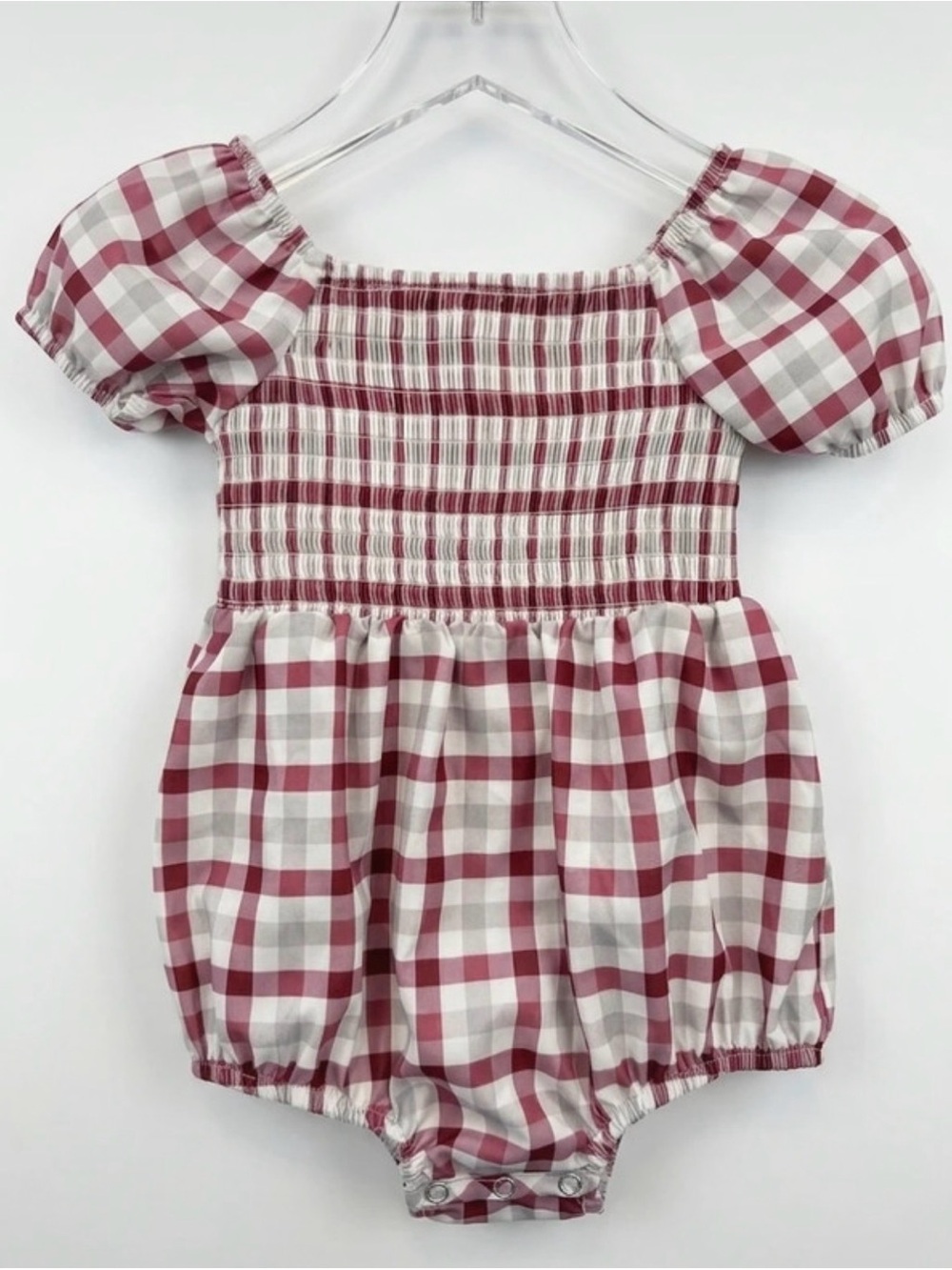 Marie Nicole Baby Girl 6-12M Burgundy Plaid Smocked Bubble Romper Puff Sleeve